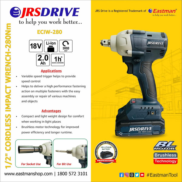 JRS Drive 1/2" Cordless Impact Wrench-280Nm, ECIW-280