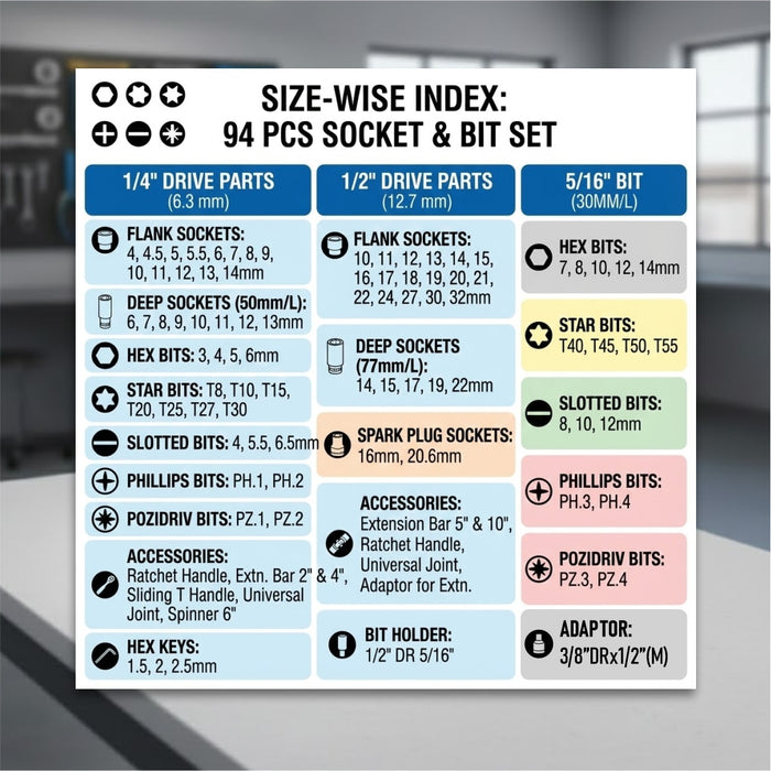 Eastman 1/2" And 1/4" SQDrive Socket Set , 94 Pcs Set E-2301