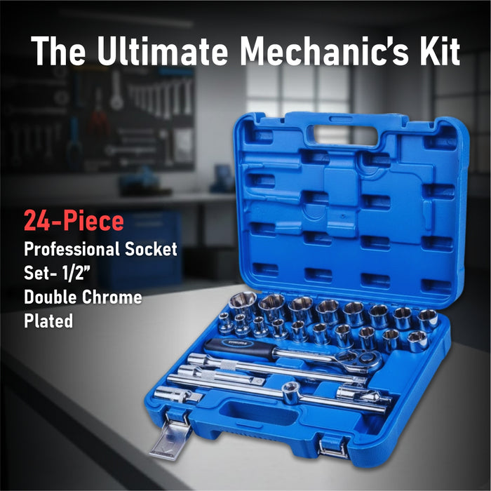 Eastman (12.7)1/2" Drive 24-Pcs Socket Set with Blow Mold Case, Mirror Finish, Knurled Sockets, Heavy-Duty Ratchet Handle, Ideal for Automotive Use (E-2260N)