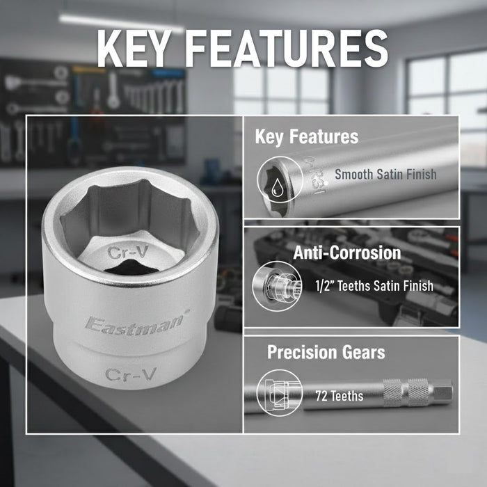 Eastman (12.7)1/2" Drive 24-Pcs Socket Set with Blow Mold Case, Mirror Finish, Knurled Sockets, Heavy-Duty Ratchet Handle, Ideal for Automotive Use (E-2260N)