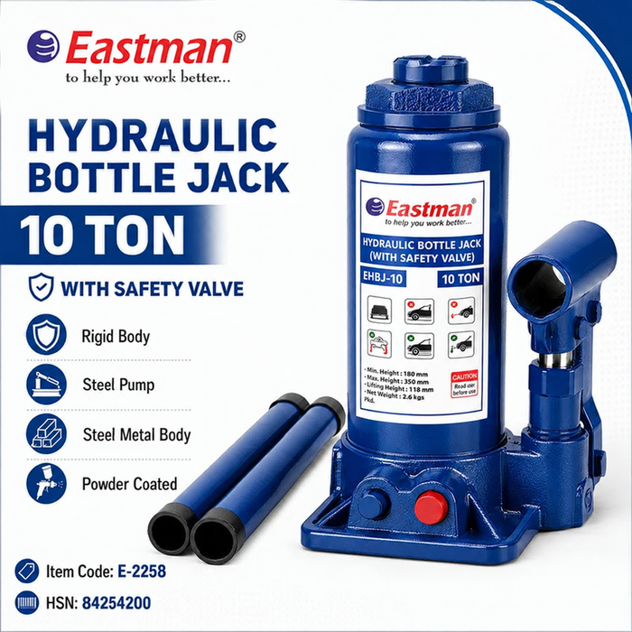 Eastman Hydraulic Bottle Jack E-2258 with Safety Valve, Heavy Duty Steel Body, Vehicle Lifting Jack – 2 Ton, 3 Ton, 5 Ton & 10 Ton