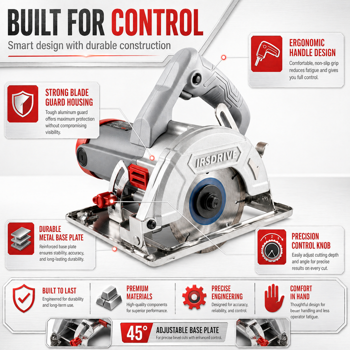 JRSDRIVE Heavy Duty 125mm Tile & Marble Cutter Machine - 1700W Powerhouse with Adjustable Base Plate & Cutting Depth