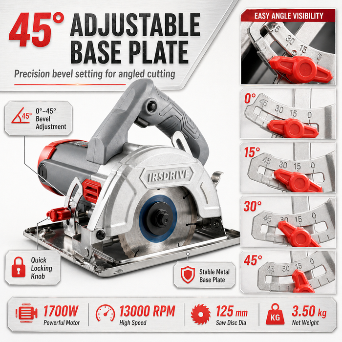 JRSDRIVE Heavy Duty 125mm Tile & Marble Cutter Machine - 1700W Powerhouse with Adjustable Base Plate & Cutting Depth