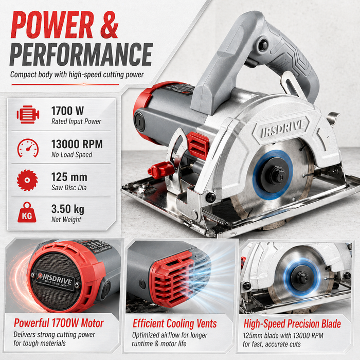 JRSDRIVE Heavy Duty 125mm Tile & Marble Cutter Machine - 1700W Powerhouse with Adjustable Base Plate & Cutting Depth