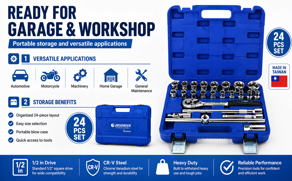 JRSDRIVE 24 Pcs E-2260N Socket Set with 1/2 Inch Square Drive, Chrome Vanadium Steel Sockets, Mirror Finish, Ratchet Handle and Storage Case