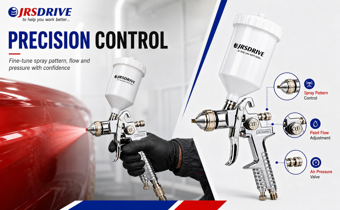 JRSDRIVE Professional Gravity Feed Spray Gun (EPSG-827A), 600ml Capacity, 3-4 Bar Operating Pressure for Automotive & Furniture