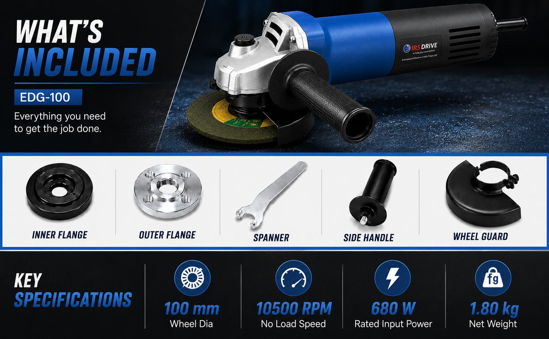 JRSDRIVE EDG-100 Angle Grinder - 100mm (4-Inch) Wheel Dial, 680W Powerful Motor, 10500 RPM for Cutting & Grinding