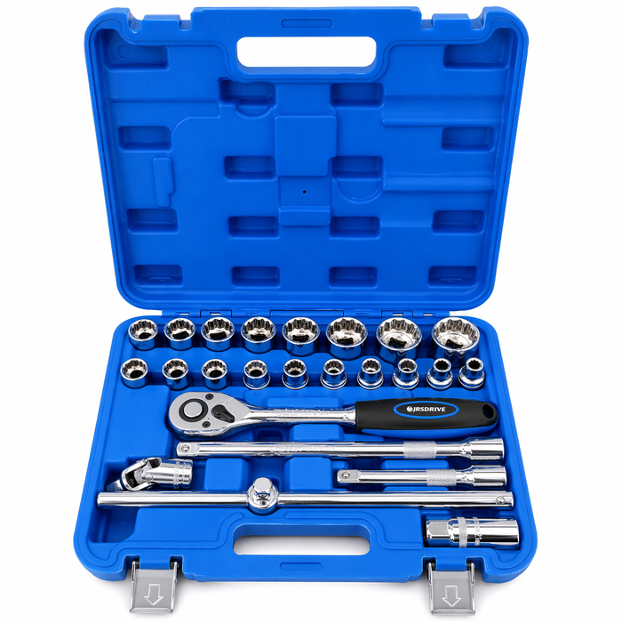 JRSDRIVE 24 Pcs E-2260N Socket Set with 1/2 Inch Square Drive, Chrome Vanadium Steel Sockets, Mirror Finish, Ratchet Handle and Storage Case