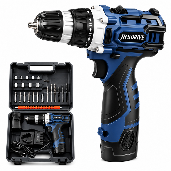 JRSDRIVE 12V Cordless Drill Driver Kit ECD-10NK | Power Screwdriver Machine Set with 2x 1.5Ah Lithium Batteries, Fast Charger, Flexible Extension Shaft & 26 Accessories in Heavy Duty BMC Box