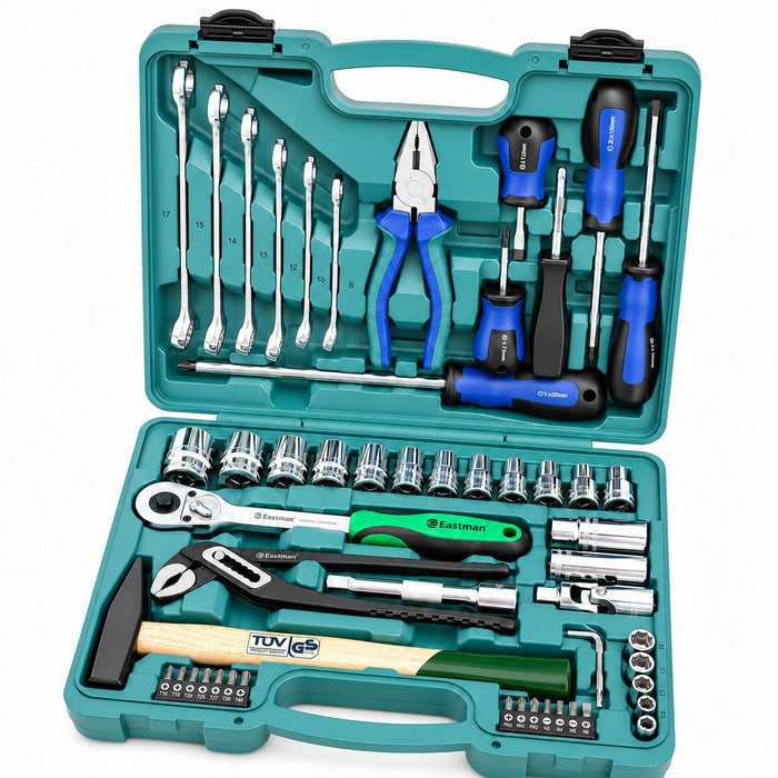 Eastman 56 Pcs Multi-Purpose Hand Tool Kit & Socket Box Set | Universal Screwdriver, Bit & Wrench Toolkit for DIY Household Maintenance, Bike, Machine & Automotive Repair (Model: E-2303)