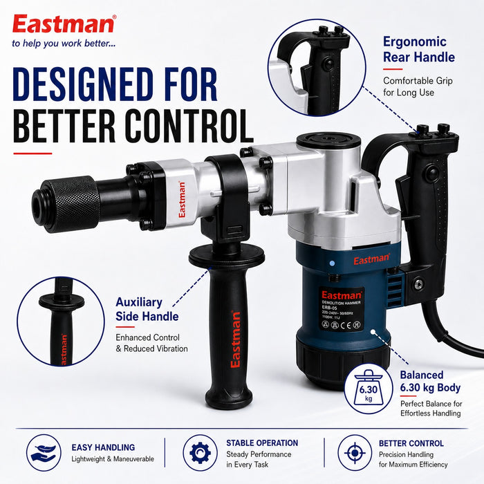 JRSDRIVE ERB-05 Demolition Hammer 5 Kg Class, 1100W Rated Power, 11J Impact Energy, 4900 BPM Impact Rate with Steel Box