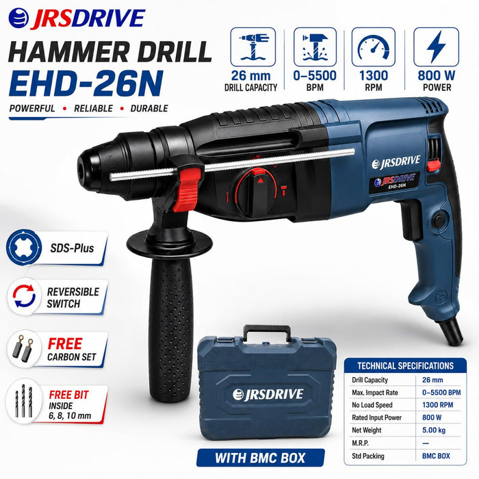 JRSDRIVE 26mm Heavy Duty Rotary Hammer | 5500 BPM Impact • Variable Speed Control  EHD‑26N