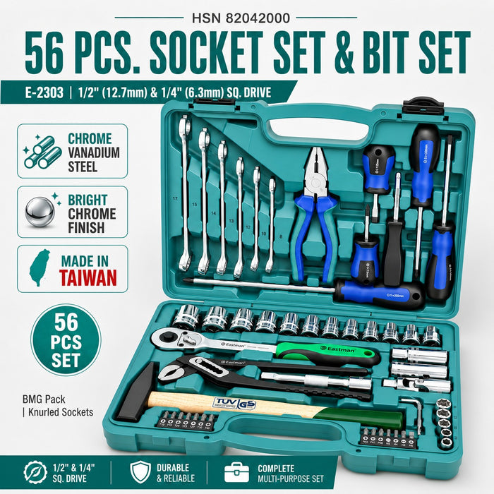 Eastman 56 Pcs Multi-Purpose Hand Tool Kit & Socket Box Set | Universal Screwdriver, Bit & Wrench Toolkit for DIY Household Maintenance, Bike, Machine & Automotive Repair (Model: E-2303)