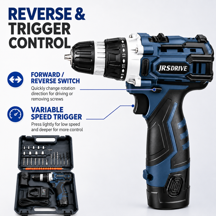 JRSDRIVE 12V Cordless Drill Driver Kit ECD-10NK | Power Screwdriver Machine Set with 2x 1.5Ah Lithium Batteries, Fast Charger, Flexible Extension Shaft & 26 Accessories in Heavy Duty BMC Box