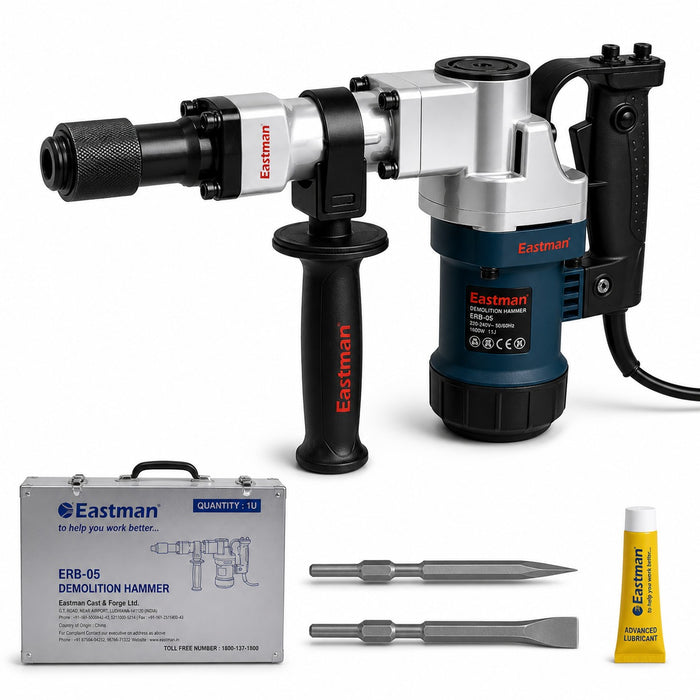 JRSDRIVE ERB-05 Demolition Hammer 5 Kg Class, 1100W Rated Power, 11J Impact Energy, 4900 BPM Impact Rate with Steel Box
