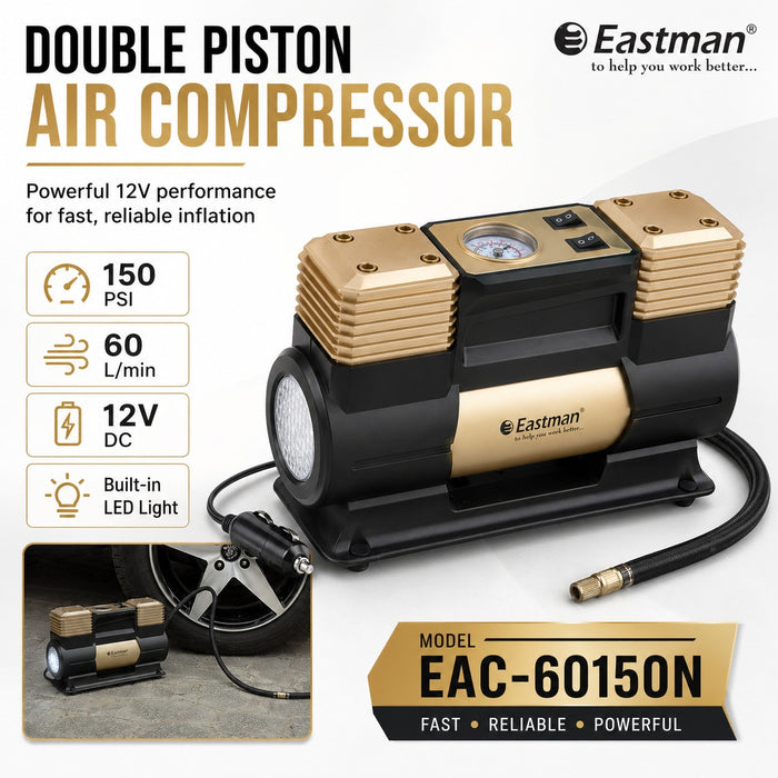 JRSDRIVE EAC-60150N Heavy Duty Double Piston Air Compressor - 12V Digital Car Tyre Inflator, 150 PSI, 60 Ltr/Min with LED Light