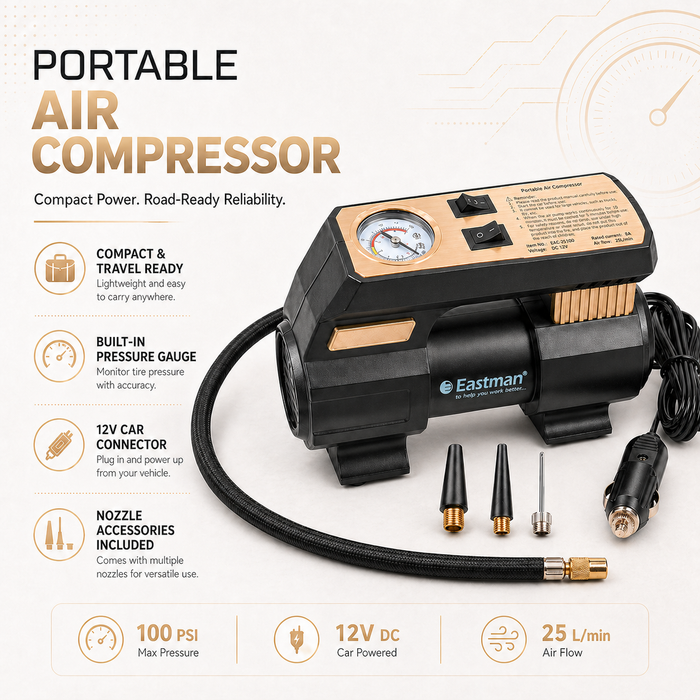 JRSDRIVE EAC25100 Heavy Duty 12V Electric Air Pump - 100 PSI Max Atmospheric Pressure, 6A Max Current, 20Ltr/min Air Flow with Multi-Purpose Nozzles