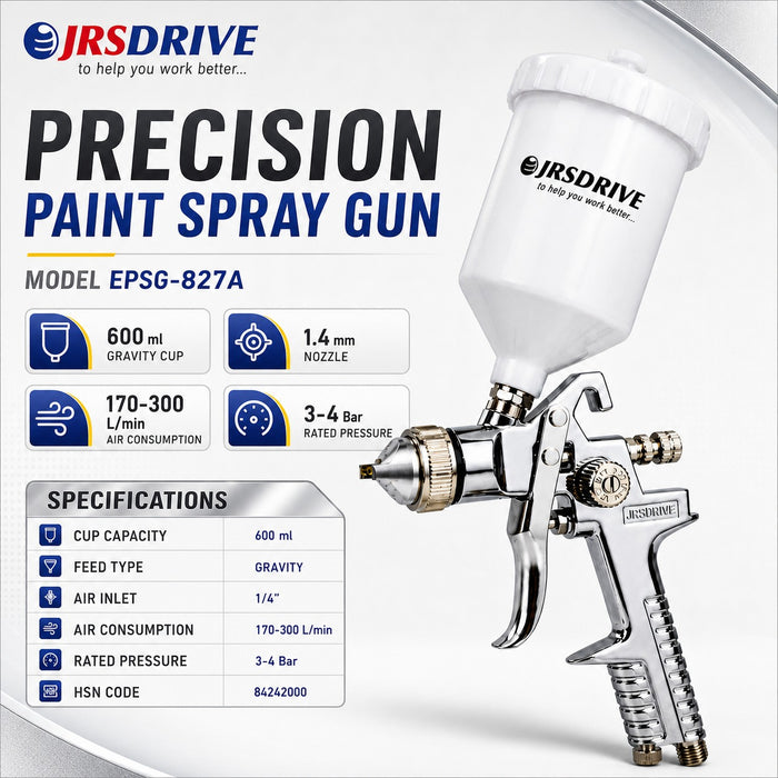 JRSDRIVE Professional Gravity Feed Spray Gun (EPSG-827A), 600ml Capacity, 3-4 Bar Operating Pressure for Automotive & Furniture