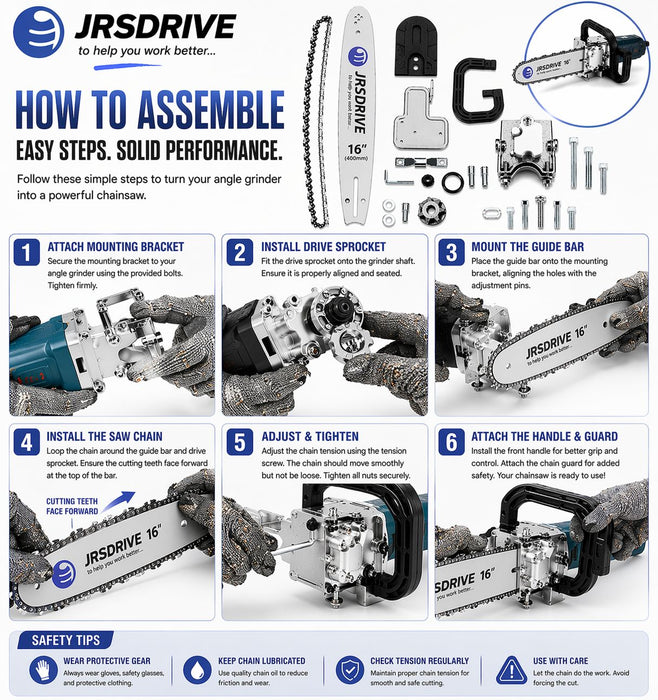 JRSDRIVE 16" Chainsaw Attachment for Angle Grinder – Wood Cutting & Tree Pruning