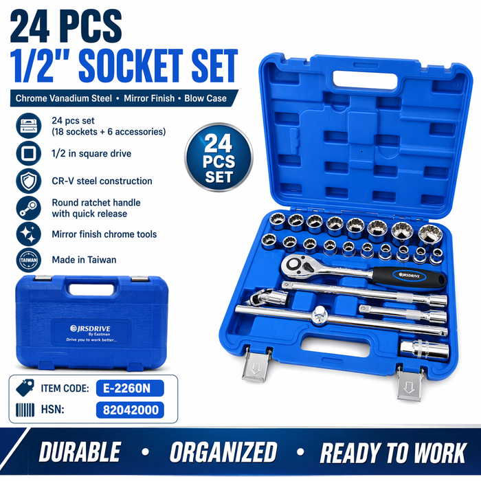 JRSDRIVE 24 Pcs E-2260N Socket Set with 1/2 Inch Square Drive, Chrome Vanadium Steel Sockets, Mirror Finish, Ratchet Handle and Storage Case