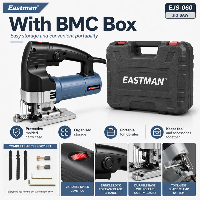 JRSDRIVE 650W Electric Jigsaw Kit - Includes Heavy Duty BMC Box & Free Carbon Set - EJS-060 High-Performance Saw