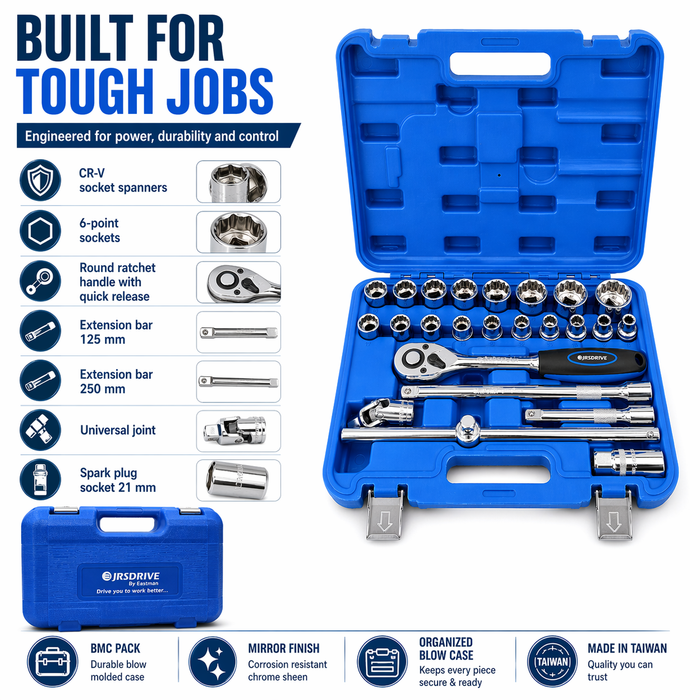 JRSDRIVE 24 Pcs E-2260N Socket Set with 1/2 Inch Square Drive, Chrome Vanadium Steel Sockets, Mirror Finish, Ratchet Handle and Storage Case