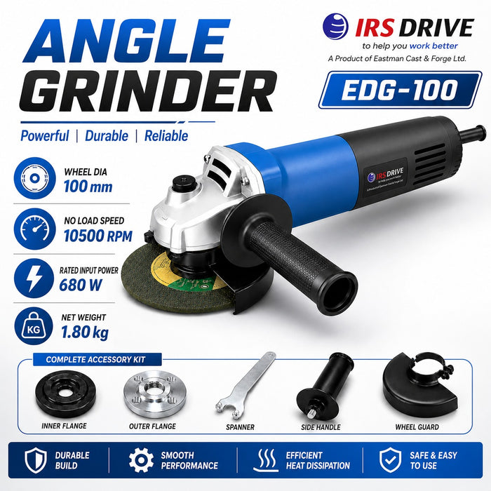 JRSDRIVE EDG-100 Angle Grinder - 100mm (4-Inch) Wheel Dial, 680W Powerful Motor, 10500 RPM for Cutting & Grinding