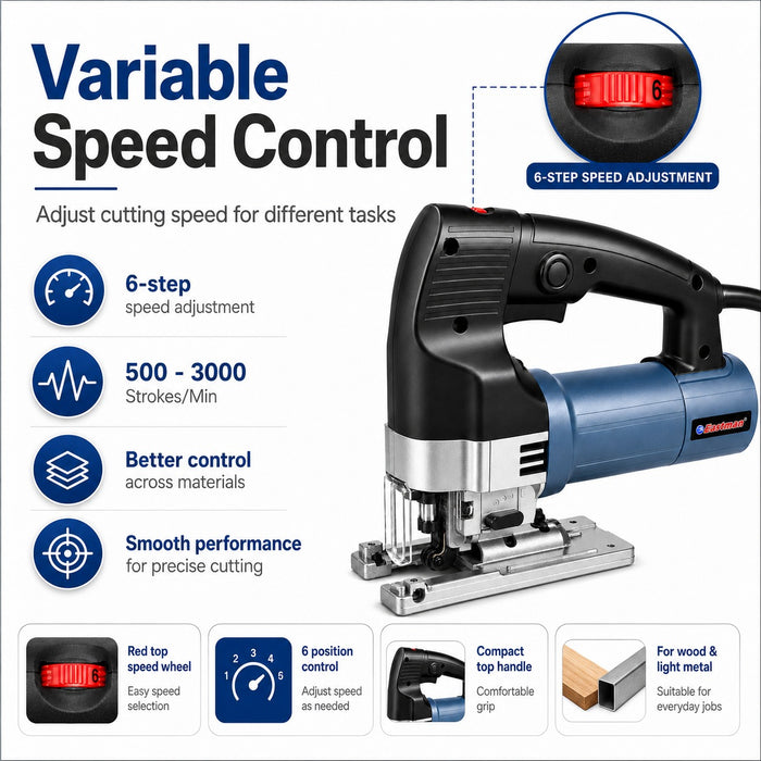 JRSDRIVE 650W Electric Jigsaw Kit - Includes Heavy Duty BMC Box & Free Carbon Set - EJS-060 High-Performance Saw