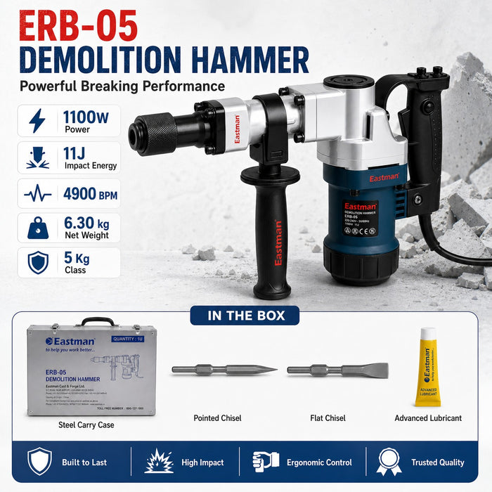 JRSDRIVE ERB-05 Demolition Hammer 5 Kg Class, 1100W Rated Power, 11J Impact Energy, 4900 BPM Impact Rate with Steel Box