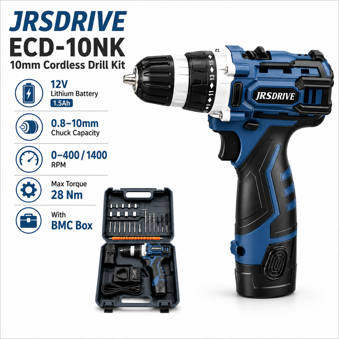JRSDRIVE 12V Cordless Drill Driver Kit ECD-10NK | Power Screwdriver Machine Set with 2x 1.5Ah Lithium Batteries, Fast Charger, Flexible Extension Shaft & 26 Accessories in Heavy Duty BMC Box