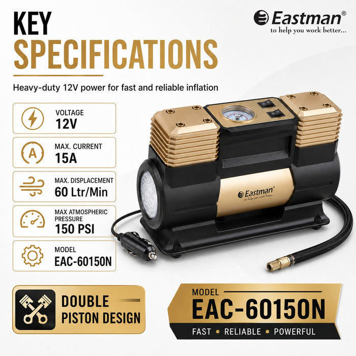 JRSDRIVE EAC-60150N Heavy Duty Double Piston Air Compressor - 12V Digital Car Tyre Inflator, 150 PSI, 60 Ltr/Min with LED Light
