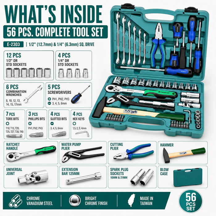 Eastman 56 Pcs Multi-Purpose Hand Tool Kit & Socket Box Set | Universal Screwdriver, Bit & Wrench Toolkit for DIY Household Maintenance, Bike, Machine & Automotive Repair (Model: E-2303)