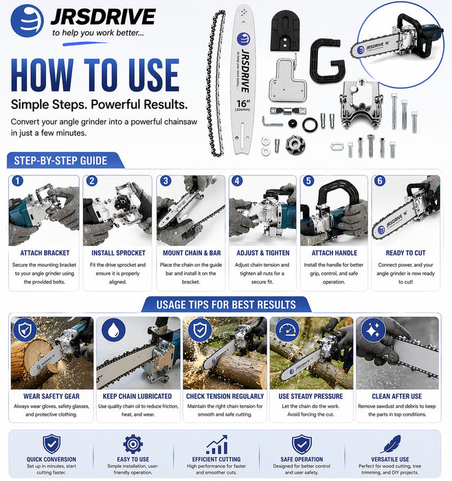 JRSDRIVE 16" Chainsaw Attachment for Angle Grinder – Wood Cutting & Tree Pruning