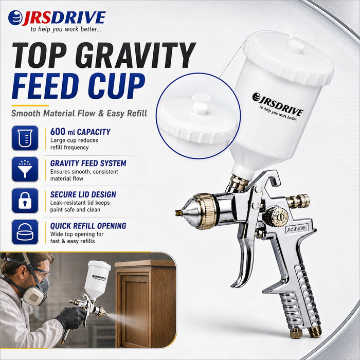 JRSDRIVE Professional Gravity Feed Spray Gun (EPSG-827A), 600ml Capacity, 3-4 Bar Operating Pressure for Automotive & Furniture