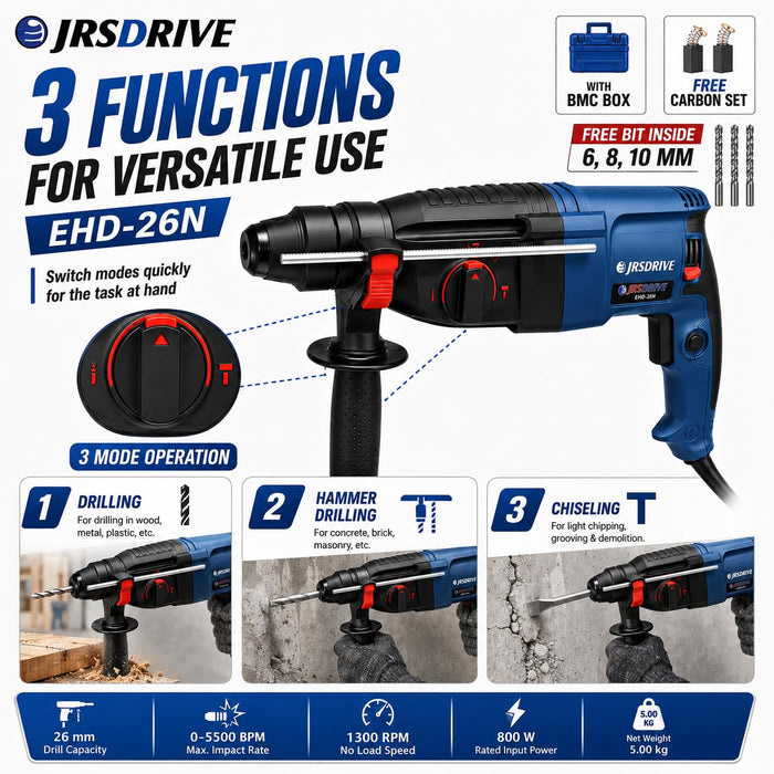 JRSDRIVE 26mm Heavy Duty Rotary Hammer | 5500 BPM Impact • Variable Speed Control  EHD‑26N