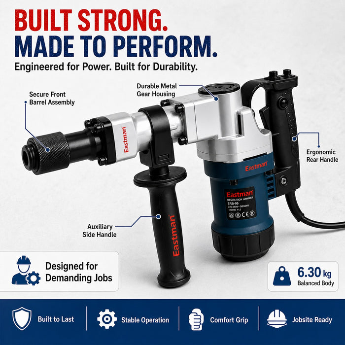 JRSDRIVE ERB-05 Demolition Hammer 5 Kg Class, 1100W Rated Power, 11J Impact Energy, 4900 BPM Impact Rate with Steel Box