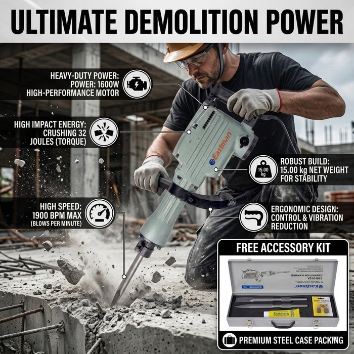 JRSDRIVE ERB-016A Demolition Hammer | 1600W | 32J Impact Energy