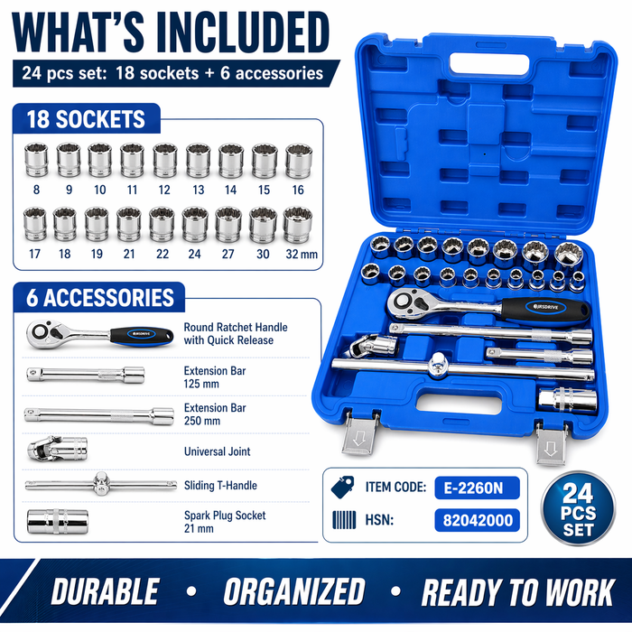 JRSDRIVE 24 Pcs E-2260N Socket Set with 1/2 Inch Square Drive, Chrome Vanadium Steel Sockets, Mirror Finish, Ratchet Handle and Storage Case