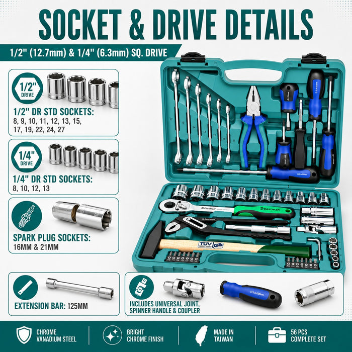Eastman 56 Pcs Multi-Purpose Hand Tool Kit & Socket Box Set | Universal Screwdriver, Bit & Wrench Toolkit for DIY Household Maintenance, Bike, Machine & Automotive Repair (Model: E-2303)