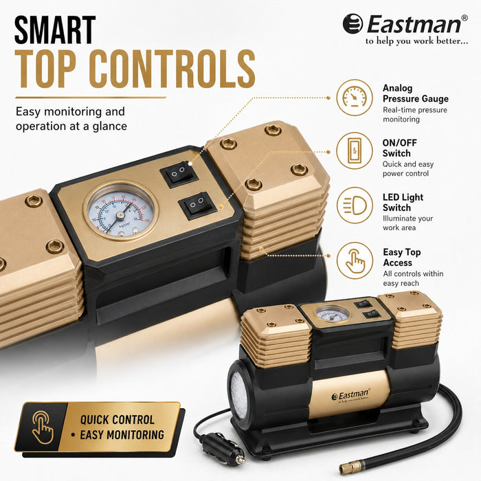JRSDRIVE EAC-60150N Heavy Duty Double Piston Air Compressor - 12V Digital Car Tyre Inflator, 150 PSI, 60 Ltr/Min with LED Light