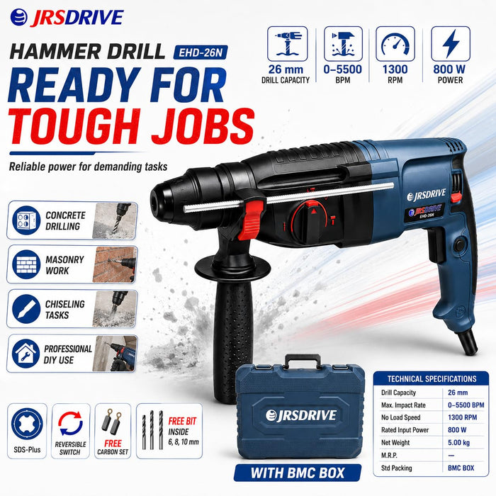 JRSDRIVE 26mm Heavy Duty Rotary Hammer | 5500 BPM Impact • Variable Speed Control  EHD‑26N