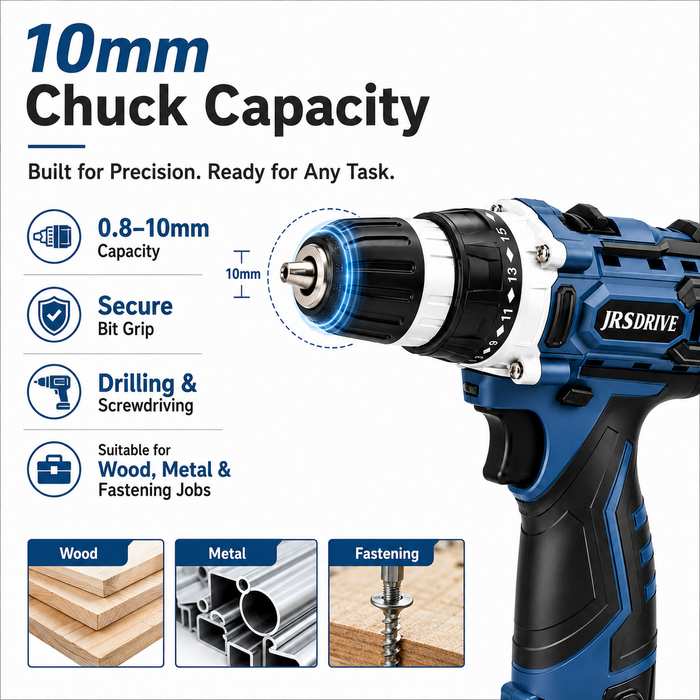 JRSDRIVE 12V Cordless Drill Driver Kit ECD-10NK | Power Screwdriver Machine Set with 2x 1.5Ah Lithium Batteries, Fast Charger, Flexible Extension Shaft & 26 Accessories in Heavy Duty BMC Box