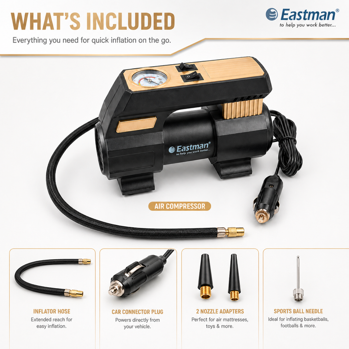 JRSDRIVE EAC25100 Heavy Duty 12V Electric Air Pump - 100 PSI Max Atmospheric Pressure, 6A Max Current, 20Ltr/min Air Flow with Multi-Purpose Nozzles