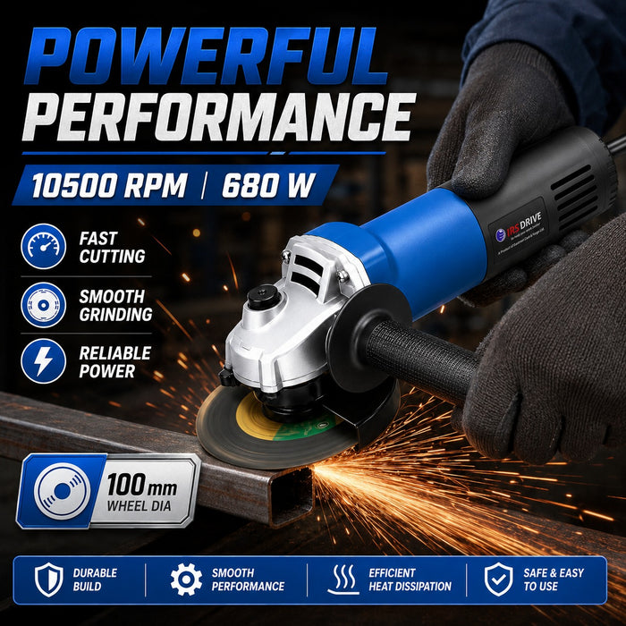 JRSDRIVE EDG-100 Angle Grinder - 100mm (4-Inch) Wheel Dial, 680W Powerful Motor, 10500 RPM for Cutting & Grinding