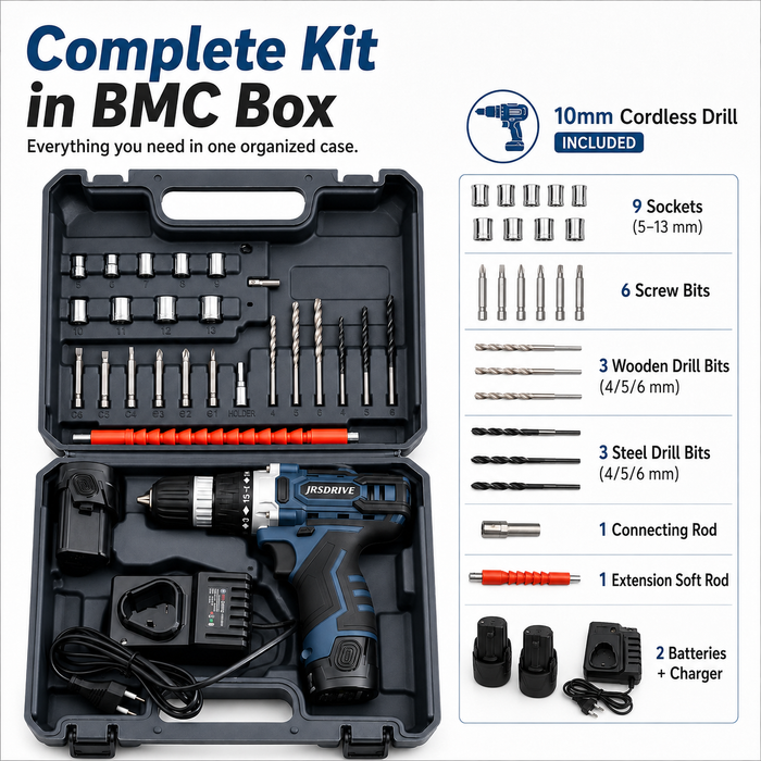 JRSDRIVE 12V Cordless Drill Driver Kit ECD-10NK | Power Screwdriver Machine Set with 2x 1.5Ah Lithium Batteries, Fast Charger, Flexible Extension Shaft & 26 Accessories in Heavy Duty BMC Box
