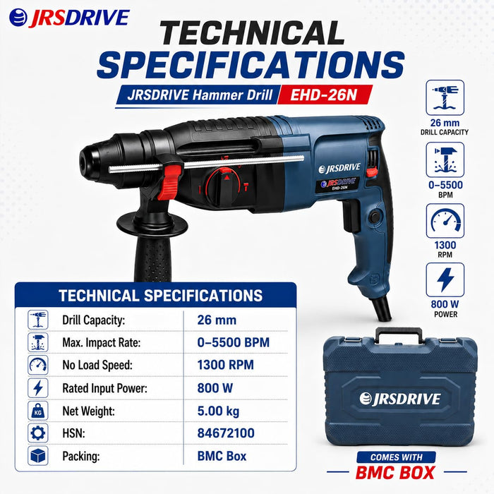 JRSDRIVE 26mm Heavy Duty Rotary Hammer | 5500 BPM Impact • Variable Speed Control  EHD‑26N