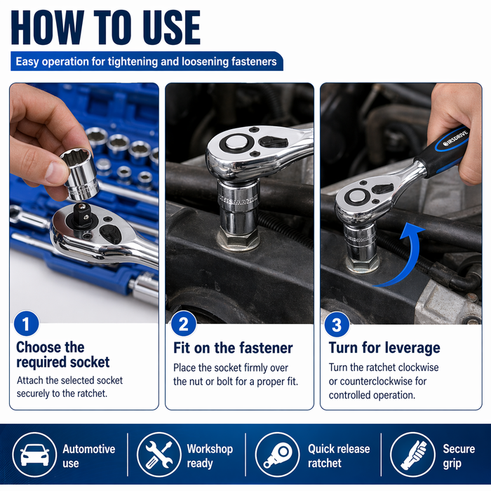 JRSDRIVE 24 Pcs E-2260N Socket Set with 1/2 Inch Square Drive, Chrome Vanadium Steel Sockets, Mirror Finish, Ratchet Handle and Storage Case