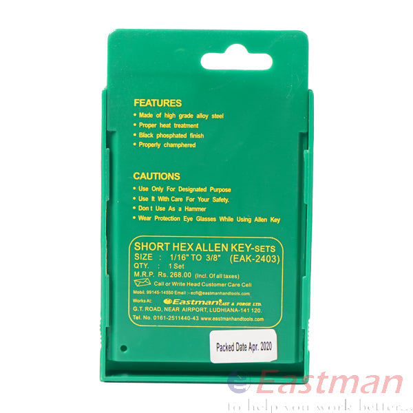 Eastman EAK-2403 Allen Key : 9 PC SET Chrome Vanadium Steel Phosphate Finish Extra Long Black Ball Point Fully Heat Treated 48-52 HRC Hex Key Allen Wrench Set With Comfort Grip Eastman Cast & Forge Ltd (GT Raod - Ludhiana)
