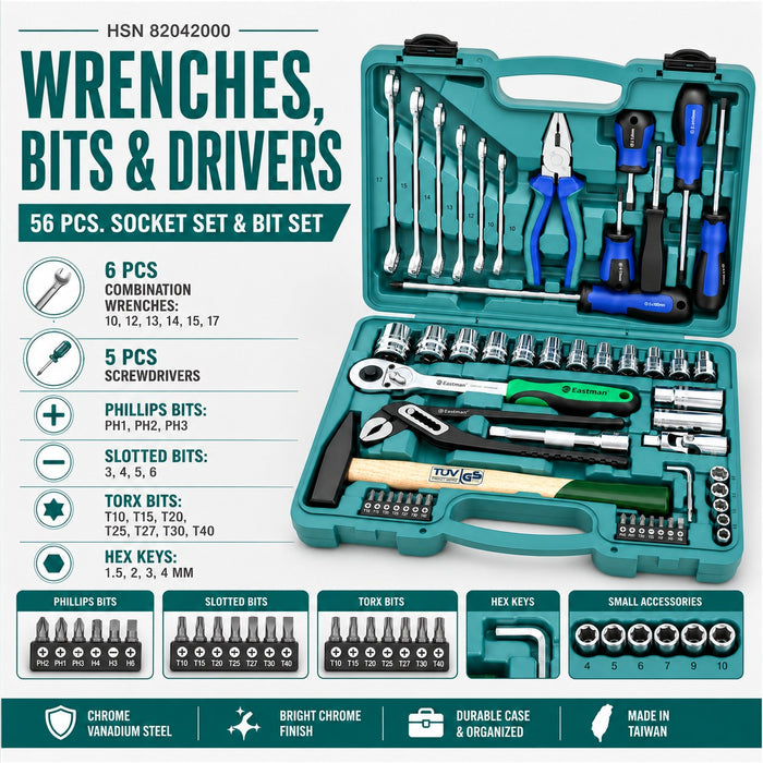 Eastman 56 Pcs Multi-Purpose Hand Tool Kit & Socket Box Set | Universal Screwdriver, Bit & Wrench Toolkit for DIY Household Maintenance, Bike, Machine & Automotive Repair (Model: E-2303)