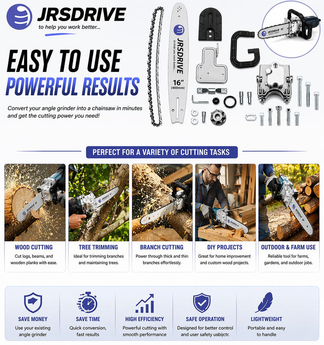 JRSDRIVE 16" Chainsaw Attachment for Angle Grinder – Wood Cutting & Tree Pruning